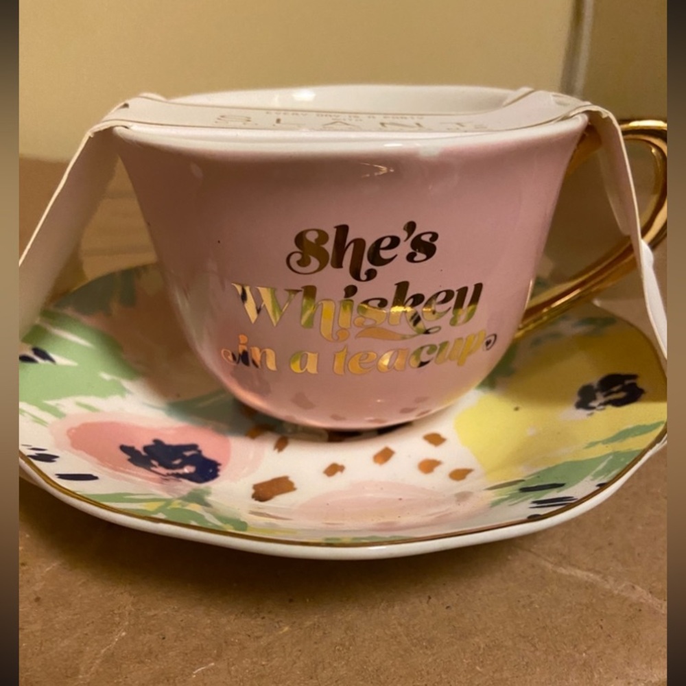 She’s Whiskey in a Cup Teacup with Floral Saucer